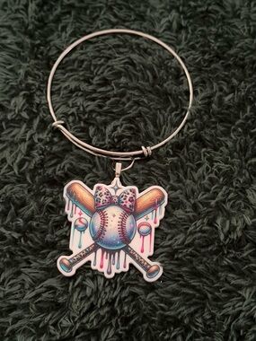 Silver Bangle Bracelet with Colorful Baseball Charm